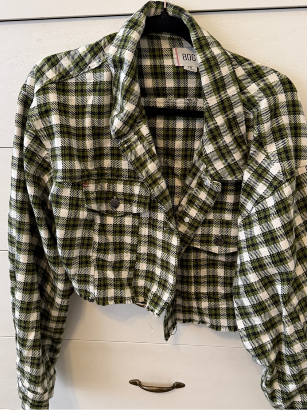 BDG Green & White Cropped Plaid Jacket